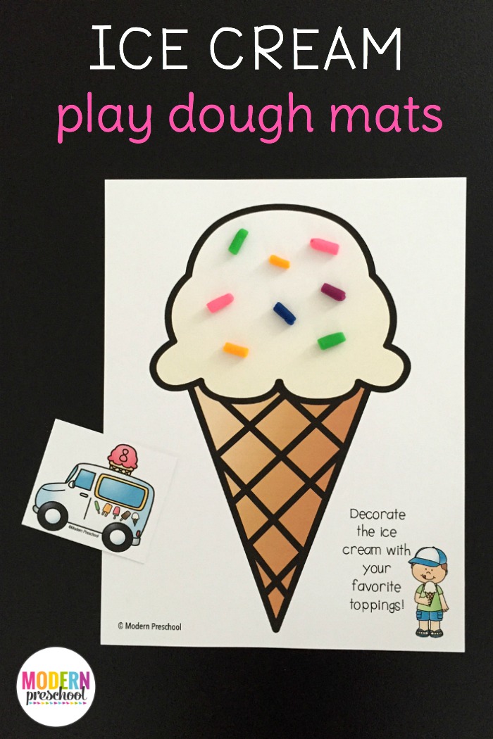 Free printable ice cream play dough mats for toddlers, preschoolers & kindergarteners to play and practice counting, numbers, fine motor skills!