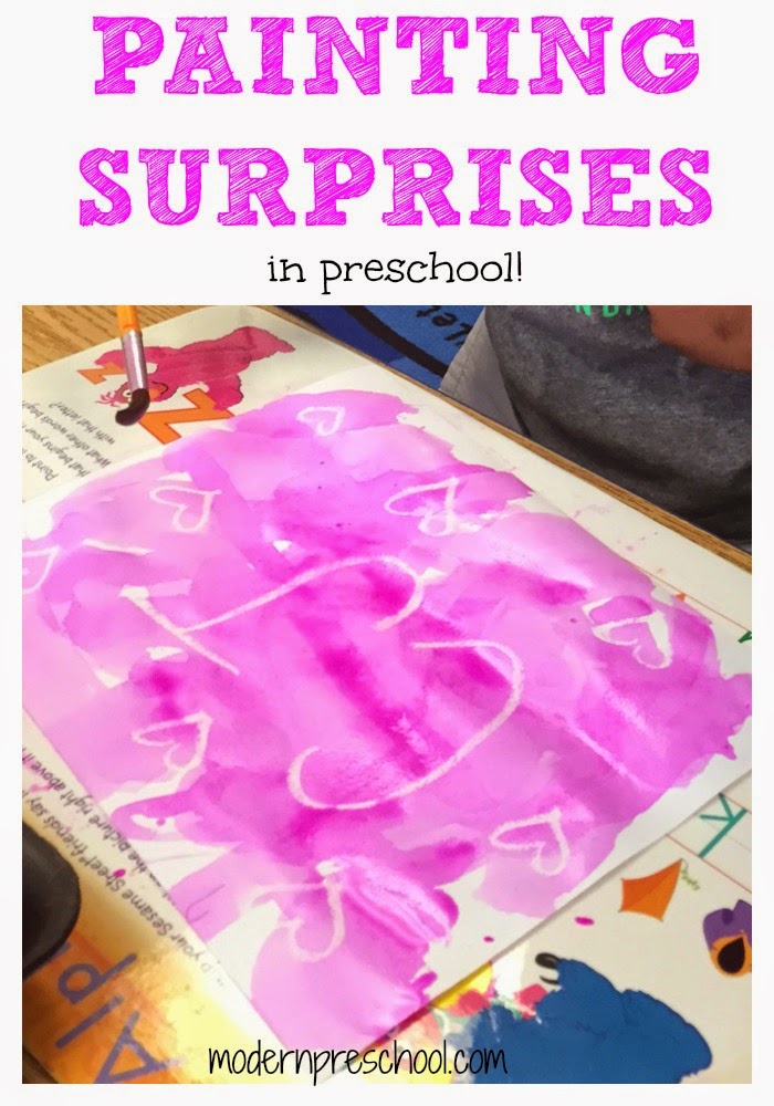 Painting with water colors & cray pas in preschool! Great for name recognition from Modern Preschool!