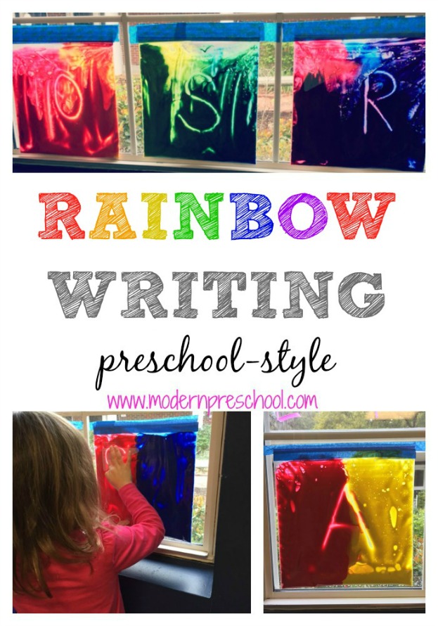 Window writing practice & mixing primary colors in preschool! {Modern Preschool}