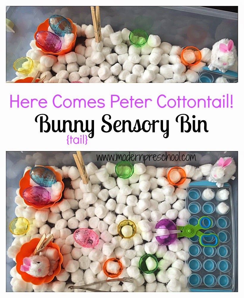 Sensory bin filled with bunny tails works on fine motor, counting, 1:1 skills from Modern Preschool