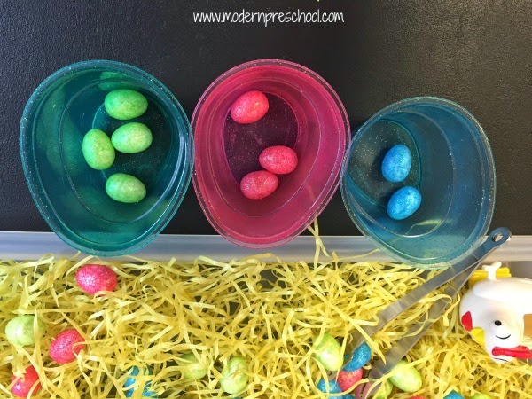 Fine motor and color sorting sensory tray with chicken eggs for toddlers and preschoolers from Modern Preschool