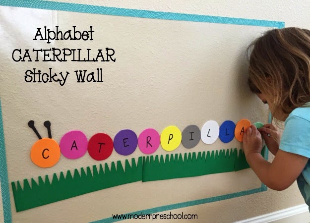Reusable spring caterpillar alphabet sticky wall: practice letter matching, name recognition from Modern Preschool