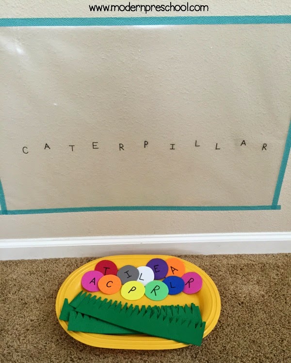 Reusable spring caterpillar alphabet sticky wall: practice letter matching, name recognition from Modern Preschool