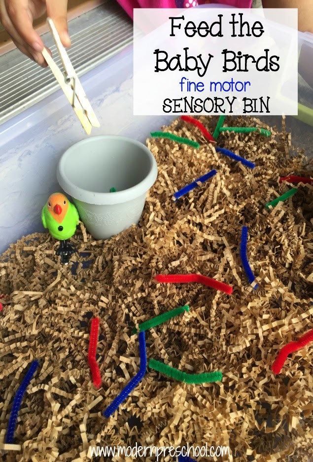 feed worms to the baby birds fine motor, color sorting sensory bin from Modern Preschool