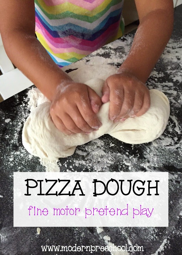 Pizza dough pretend play! Give preschoolers dough to strengthen fine motor skills through play from Modern Preschool.