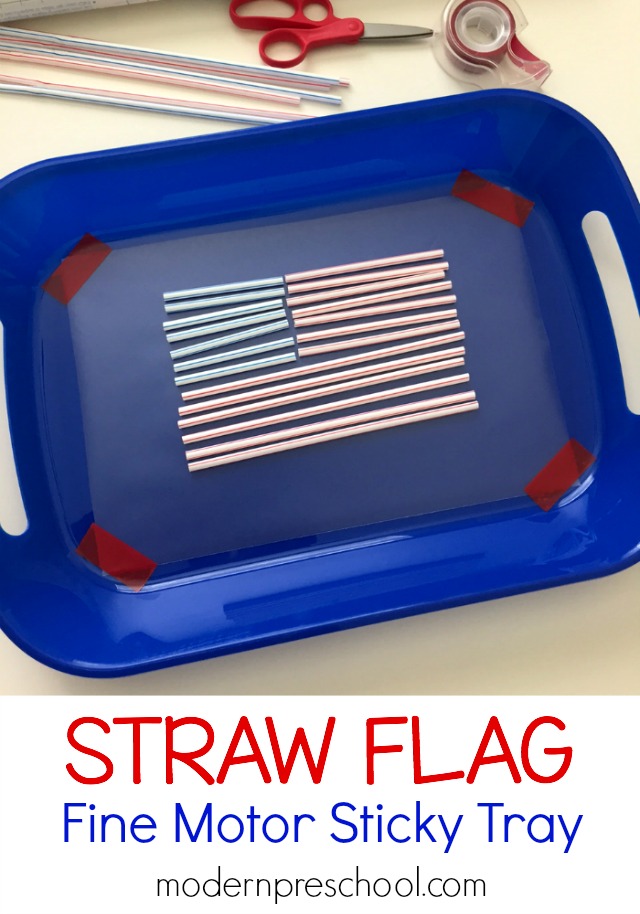 American flag fine motor sticky tray for preschoolers & toddlers - simple, inexpensive 4th of July activity from Modern Preschool