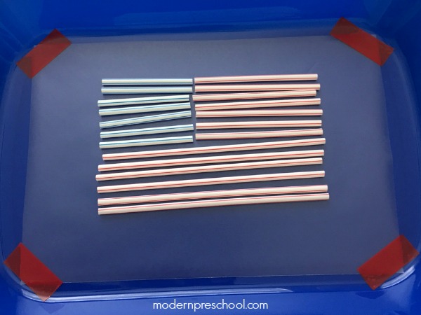 American flag fine motor sticky tray for preschoolers & toddlers - simple, inexpensive 4th of July activity from Modern Preschool
