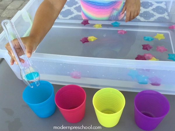 Super simple star sensory water play for toddlers and preschoolers to practice sorting, coordination, and fine motor skills while exploring!