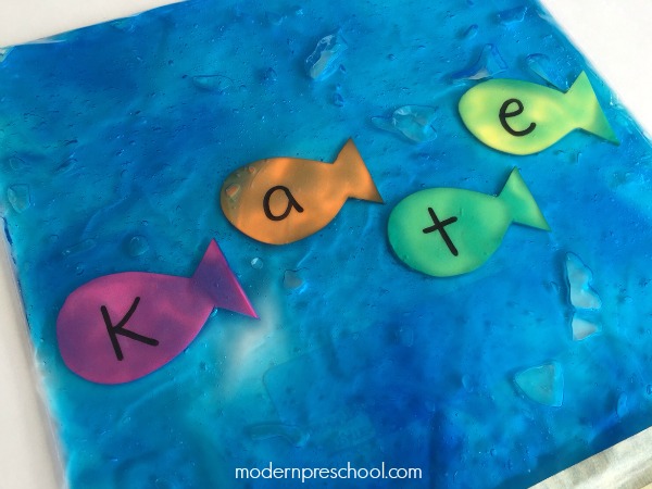 Ocean name recognition sensory bag encourages alphabet practice, letter recognition, and is perfect for an ocean theme in preschool!