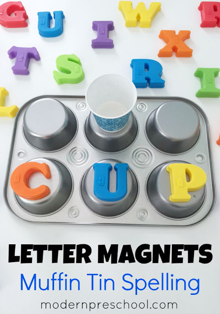 Spelling CVC words with letter magnets on muffin tins from Modern Preschool
