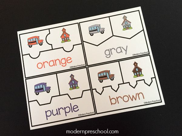 School bus coloring matching printable puzzles from Modern Preschool
