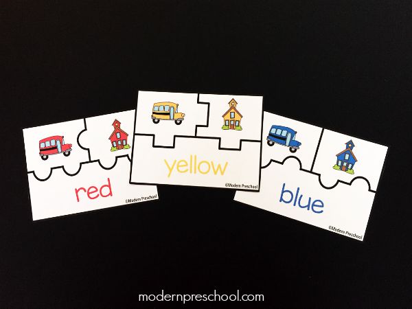 School bus coloring matching printable puzzles from Modern Preschool