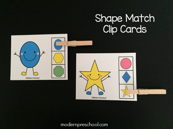 FREE printable shape match clip cards for toddlers and preschoolers. Match the shapes in this independent busy bag activity! Works great as a math center that focuses on visual discrimination, matching, and fine motor skills.