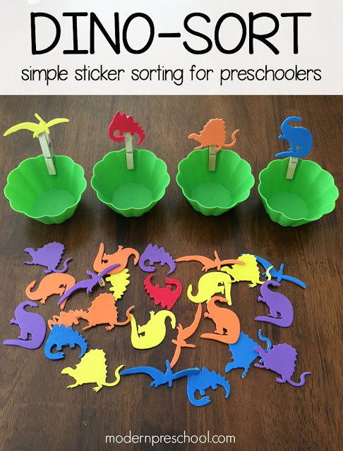 Dinosaur foam sticker sorting activity for toddlers & preschoolers | Modern Preschool