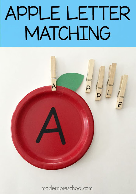 Letter matching apples! Practice letters, name recognition, and site words from Modern Preschool!