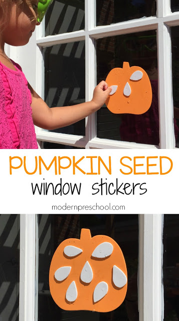 Counting pumpkin seeds with reusable window stickers - perfect activity for toddlers and preschoolers!