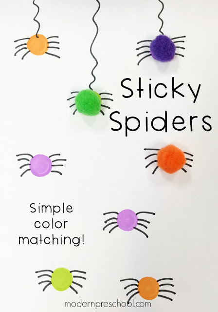 Practice color matching and fine motor skills with this simple spider activity for preschoolers and toddlers from Modern Preschool!