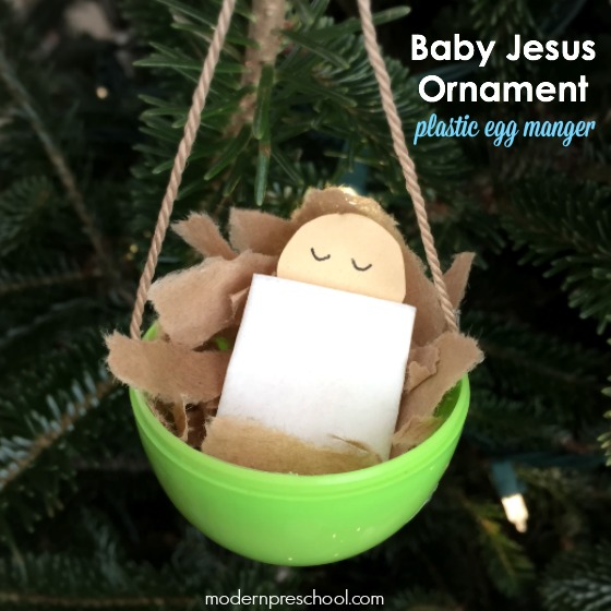 Baby Jesus plastic egg kid-made Christmas ornament inspired by Silent Night from Modern Preschool!