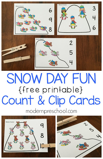 FREE printable snow day count & clip cards for preschoolers and kindergarteners to practice numbers 1-10 and fine motor skills during the winter theme.