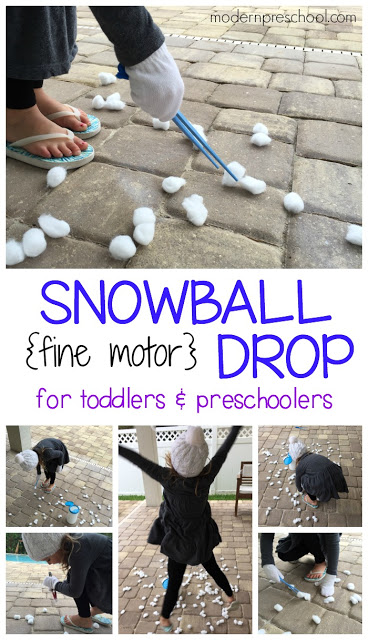 Winter (cotton ball) snowball drop fine motor busy bag for toddlers & preschoolers with simple materials to practice counting and fine motor skills.