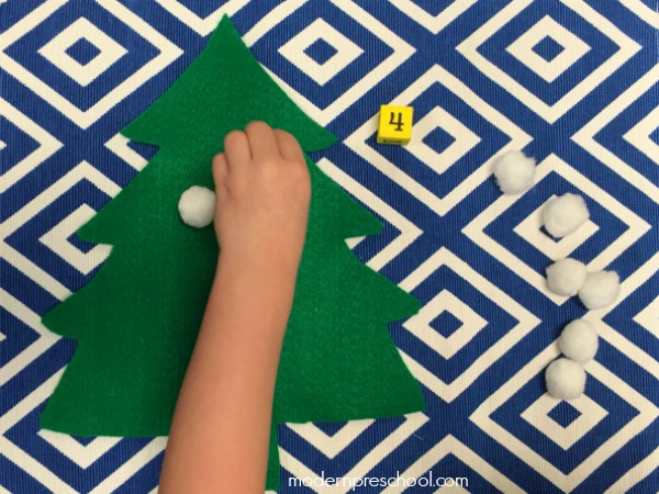 Roll dice & count pom pom snowballs - simple fine motor, math activity for preschoolers