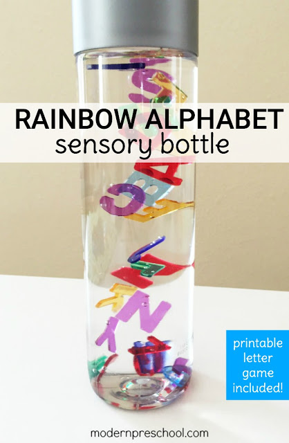Practice letter identification, colors & counting with this super simple Rainbow Alphabet Letter Sensory Bottle! FREE printable letter matching game included.