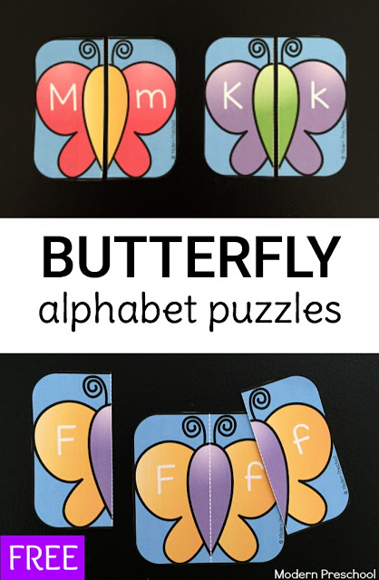 FREE printable butterfly alphabet puzzles for preschoolers and kindergarteners. Practice uppercase and lowercase letter recognition with this busy bag learning activity!