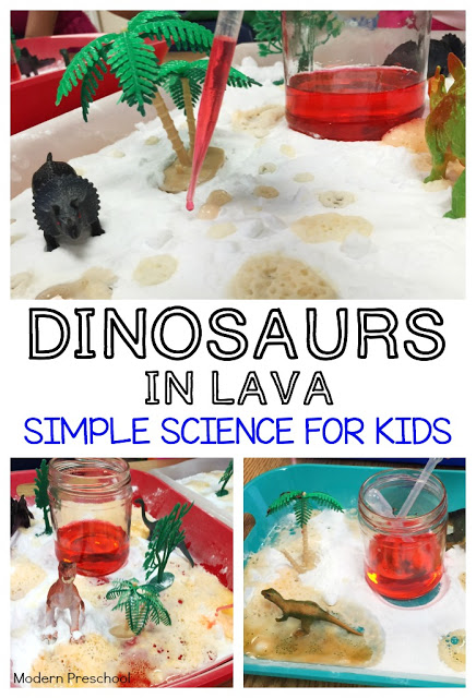 Kids can discover and explore chemical reactions made with baking soda and vinegar in this simple dinosaur and lava themed activity tray!