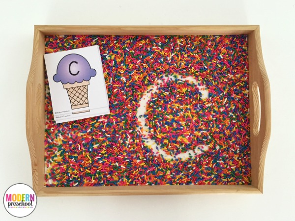 FREE printable ice cream & sprinkles alphabet writing tray to practice letters, name recognition, and CVC words in preschool & kinder!