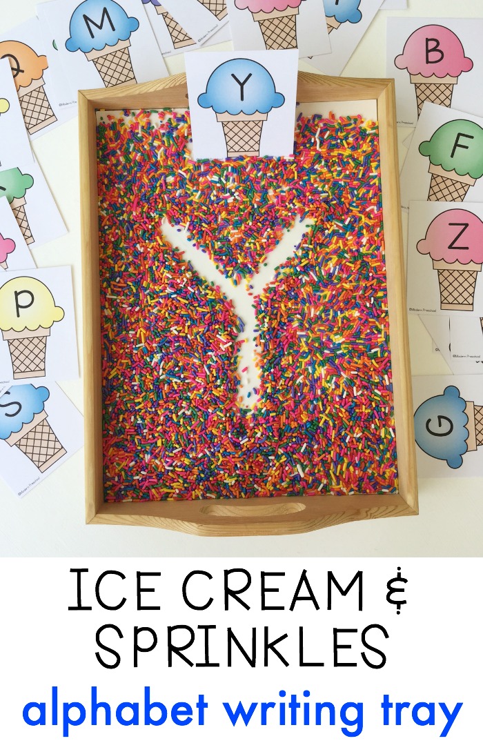 Free printable ice cream and sprinkles alphabet writing practice cards for this super simple sprinkle filled writing tray! Practice pre-writing and fine motor skills. The perfect activity to motivate and engage preschoolers and kindergarteners!