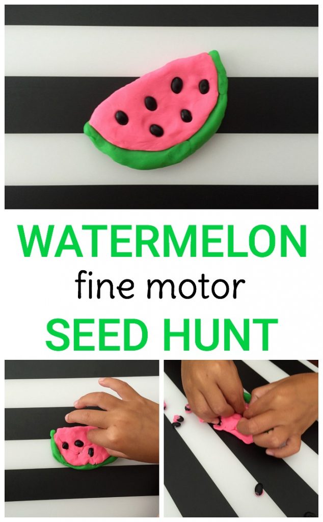 Strengthen fine motor skills with this simple play dough activity! Toddlers & preschoolers will love this simple must-do watermelon fine motor seed hunt.