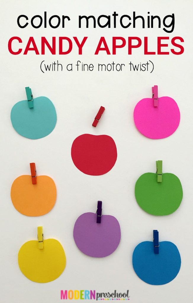 Candy apple color matching activity with a fine motor focus for toddlers and preschoolers that is perfect for fall!