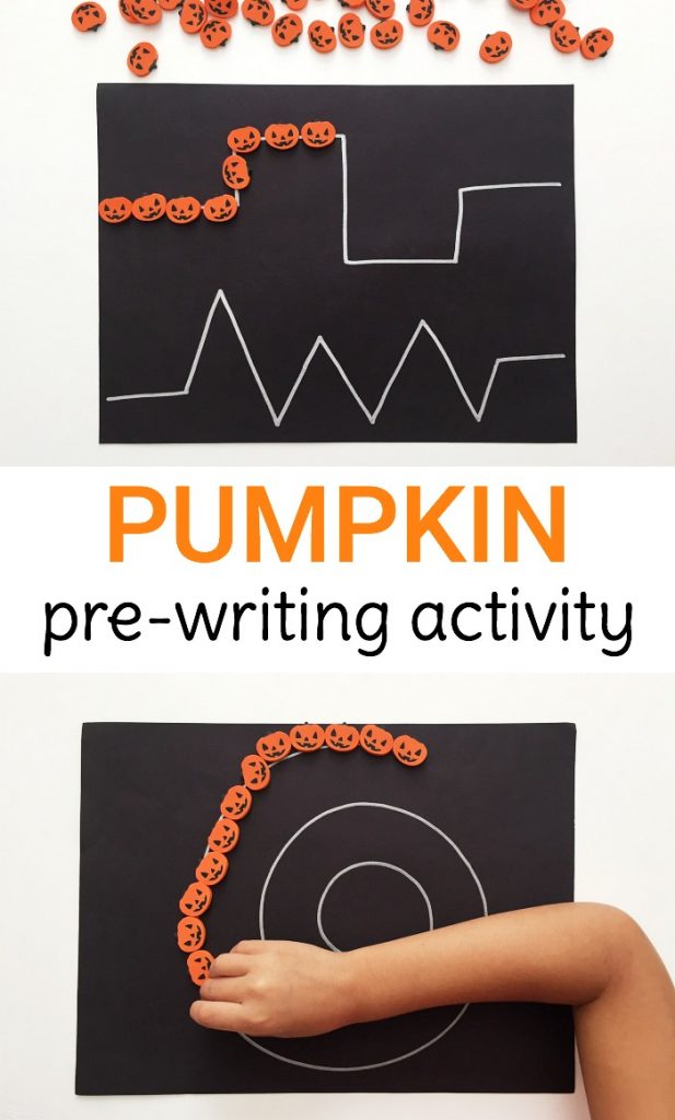 Simple pumpkin pre-writing activity for toddlers and preschoolers to develop writing skills and strengthen fine motor skills with mini erasers! 