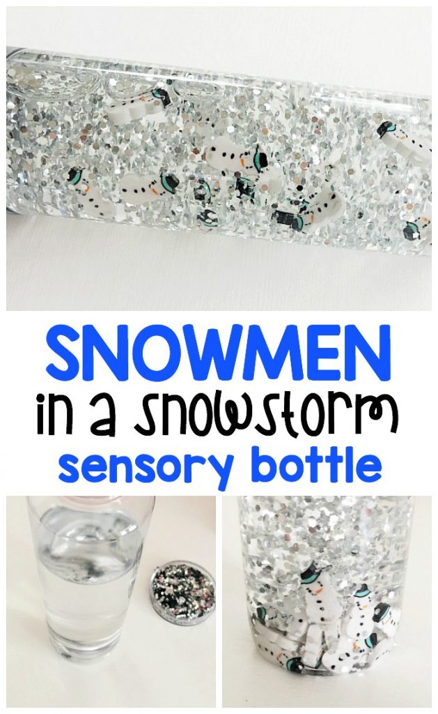 Snowstorm sensory bottle full of snowmen mini erasers! Sensory bottles are perfect for toddlers and preschoolers in circle time and for calm down areas.
