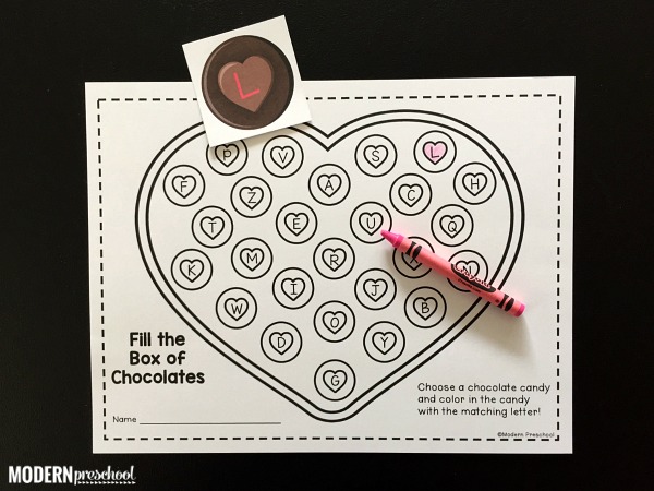 FREE printable hearts Box of Valentine Chocolates Alphabet Match for preschool, pre-k, kindergarten to practice uppercase and lowercase letters!