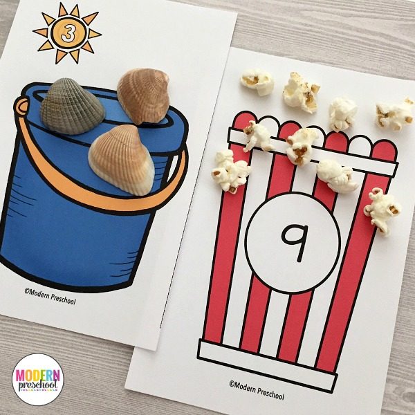 16 sets of printable counting math mats for preschool, pre-k, and kindergarteners to use with manipulatives and snacks while practicing 1-12!