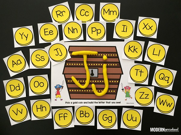 FREE pirate alphabet play dough mats for kids to practice uppercase and lowercase letter formation and recognition with gold coins and a treasure chest!