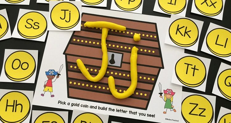 FREE pirate alphabet play dough mats for kids to practice uppercase and lowercase letter formation and recognition with gold coins and a treasure chest!