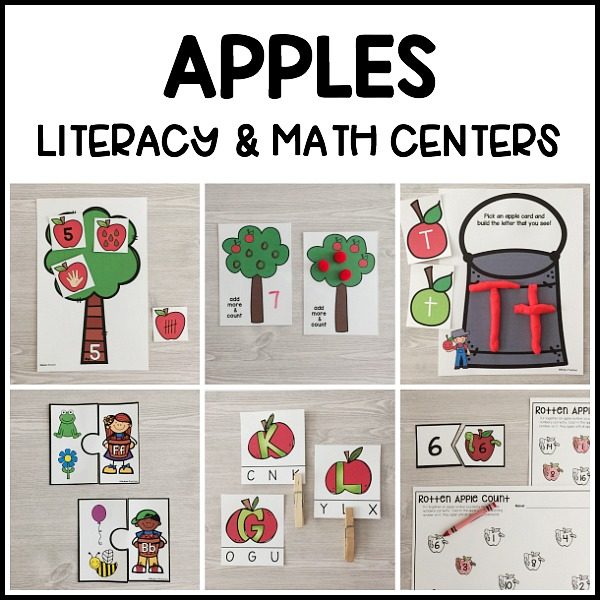 Easy to prep and fun to play printable APPLES literacy & math centers for preschool, prek, kindergarteners to add to an apple theme and activities.