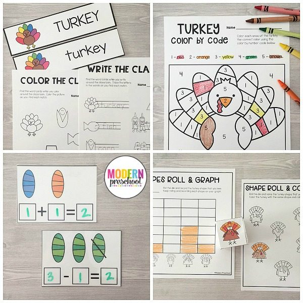 Terrific TURKEY literacy & math centers for preschool, pre-k, and kindergarten to practice writing, alphabet, number, fine motor skills and more!