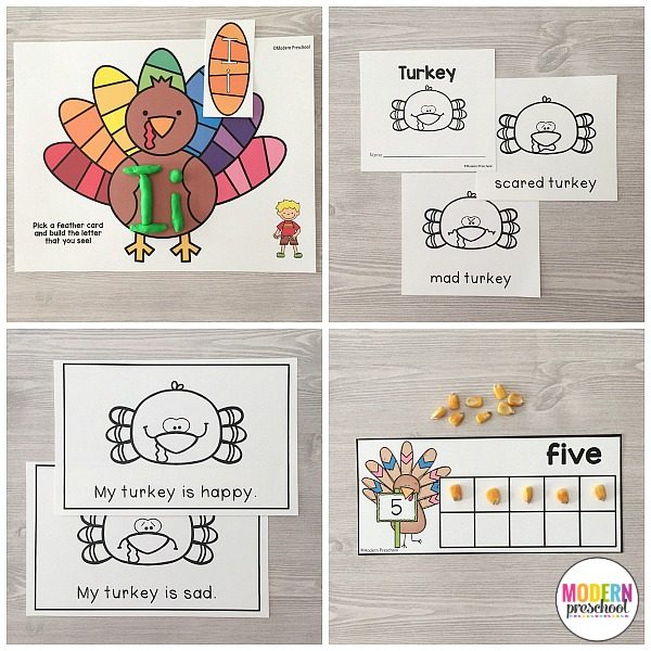 Terrific TURKEY literacy & math centers for preschool, pre-k, and kindergarten to practice writing, alphabet, number, fine motor skills and more!