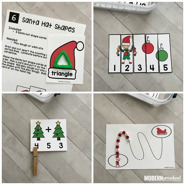 12 Christmas themed Santa FINE MOTOR busy bins to use as morning welcome work and independent learning centers in preschool, pre-k, kindergarten!