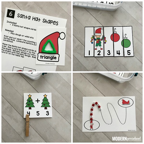 12 Christmas themed Santa FINE MOTOR busy bins to use as morning welcome work and independent learning centers in preschool, pre-k, kindergarten!