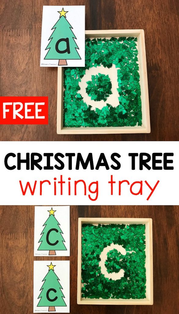 FREE printable uppercase & lowercase Christmas tree alphabet writing tray for preschool & pre-k to practice letter formation and fine motor skills!