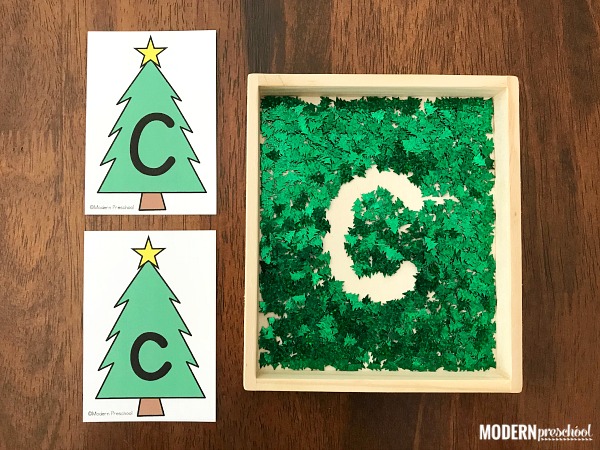 FREE printable uppercase & lowercase Christmas tree alphabet writing tray for preschool & pre-k to practice letter formation and fine motor skills!