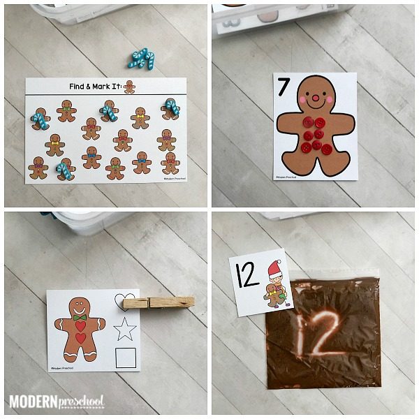 12 motivating alphabet & math GINGERBREAD fine motor busy bins to use with your Christmas theme during December in preschool, pre-k, kindergarten!