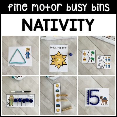 Includes 12 super motivating NATIVITY fine motor busy bins for Christmas when teaching about Baby Jesus, Mary, and Joseph in preschool, pre-k & kinder.