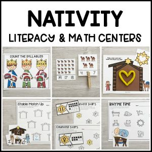 Low prep, printable NATIVITY literacy & math centers for Christmas for preschool, pre-k, kindergarten to teach about the story of baby Jesus, Mary & Joseph!