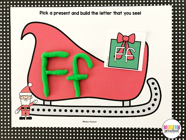 FREE Christmas themed printable Santa's sleigh alphabet play dough mats to practice uppercase & lowercase letter formation in preschool & kindergarten!