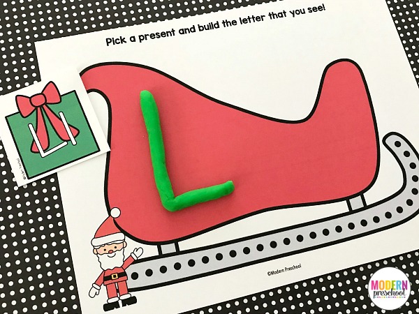 FREE Christmas themed printable Santa's sleigh alphabet play dough mats to practice uppercase & lowercase letter formation in preschool & kindergarten!